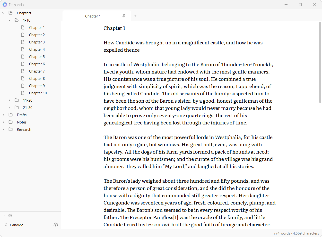 Fernanda's window: a file tree of chapters and notes on the left, and the first chapter of Candide open in a tab on the right